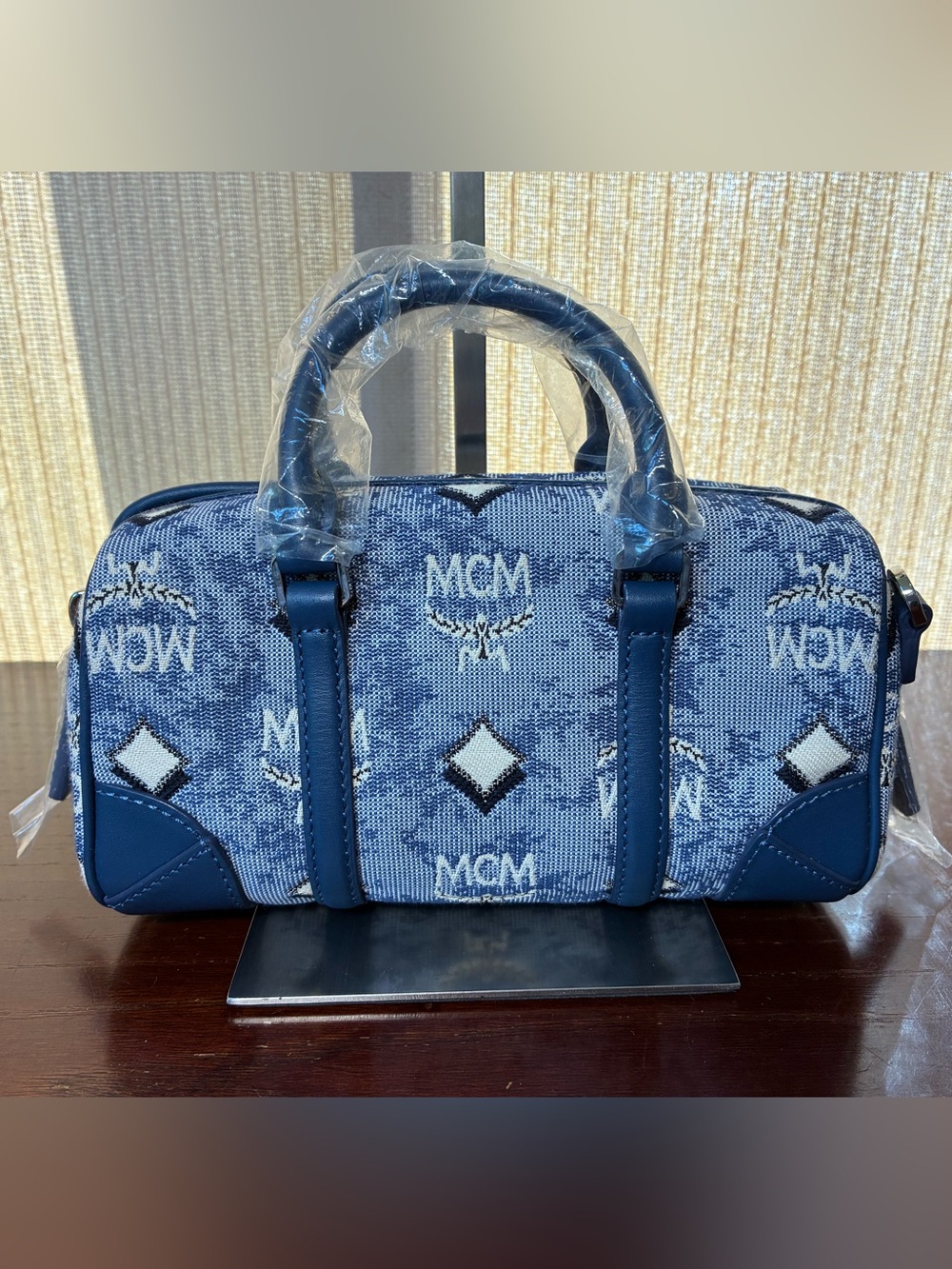 MCM Blue Denim Monogram Mini Barrel Bag NWOT with COA